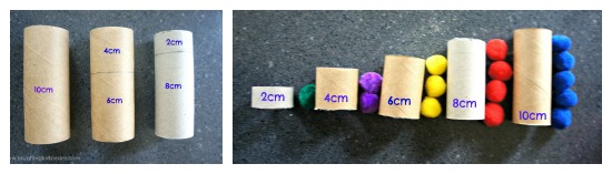 Toilet Rolls with PomPoms for teaching and learning numbers and colours