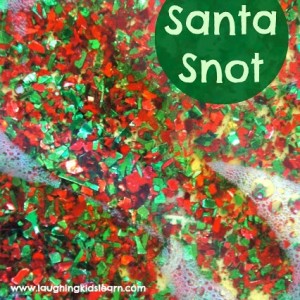 Mess free Christmas sensory activity for kids. Playing with Santa snot will have them in fits of laughter.