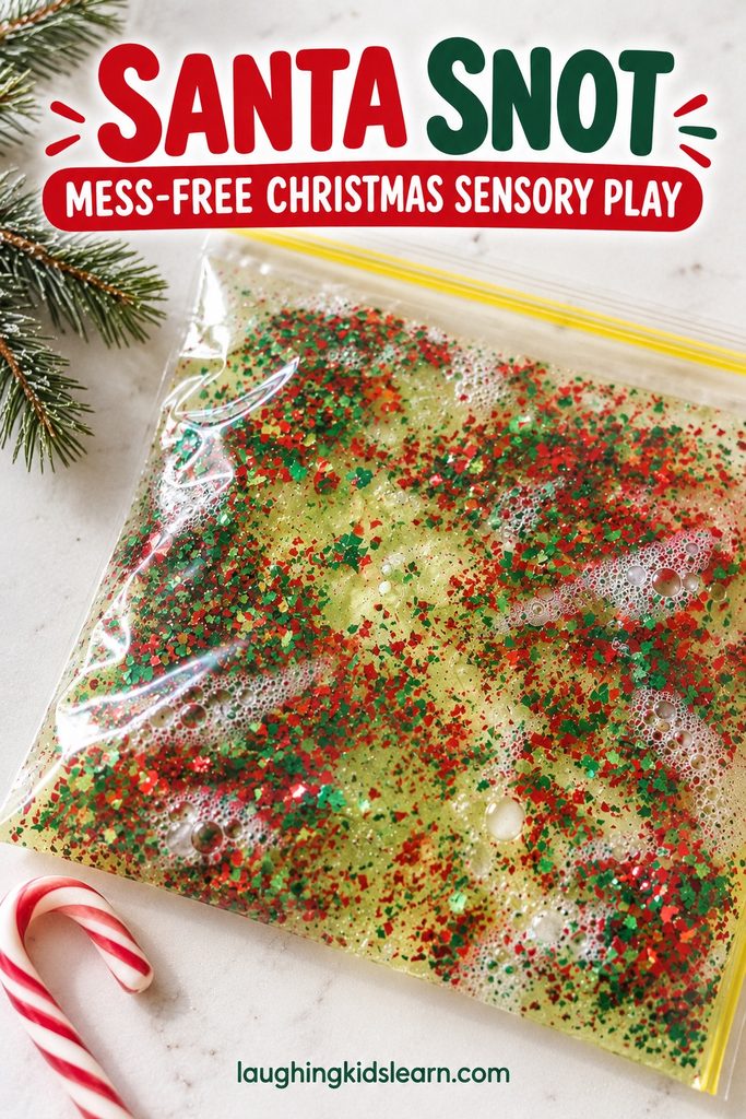 Mess-free Santa Snot Christmas sensory play activity for kids, featuring red and green glitter in a sealed sensory bag.