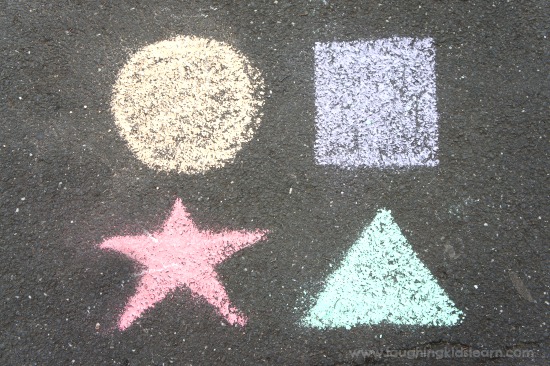 Chalk drawn shapes for toddlers to learn. 