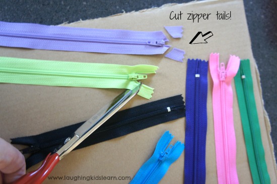 Cutting zipper tails for make sensory board