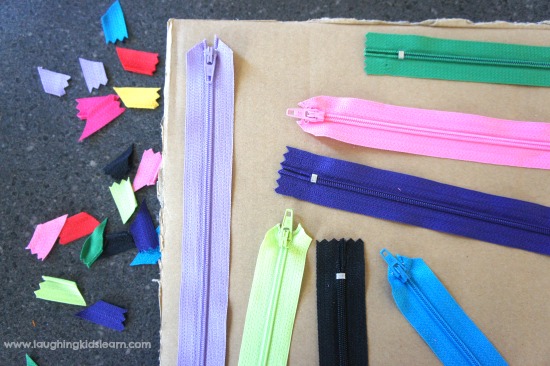 Arranging zippers on sensory board for children