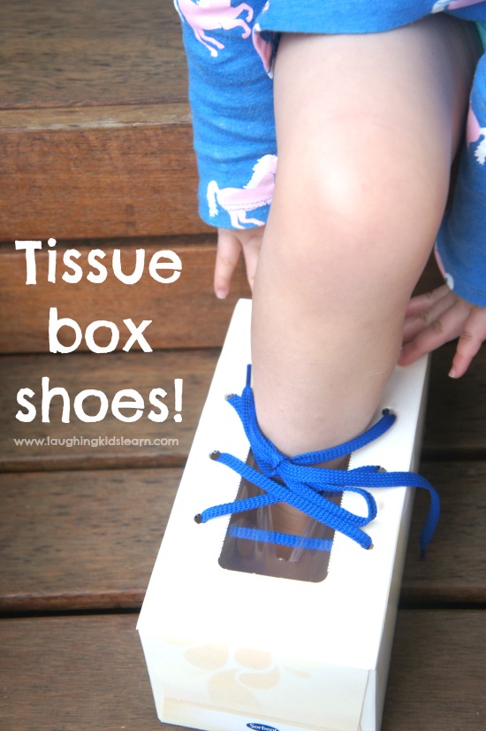 Teach children to tie their shoelaces with this simple to make tissue box shoe