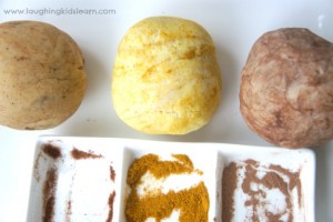 Playing with playdough with different spices and smells. Wonderfully scented