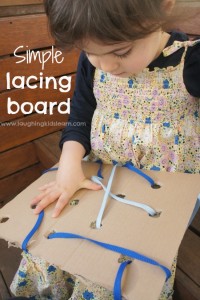This simple lacing board for kids is an easy homemade toy that will help develop a child's fine motor skills and more