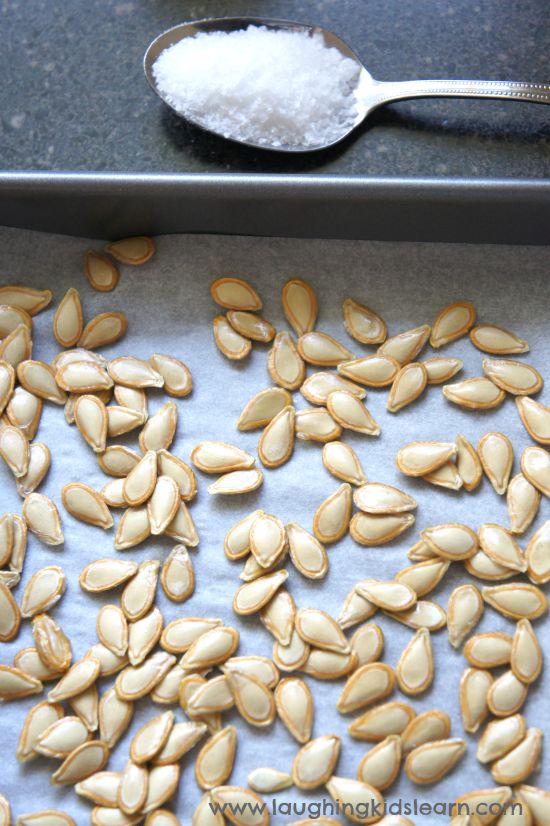 Salted pumpkin seeds roasted in the oven. Snack idea for kids.