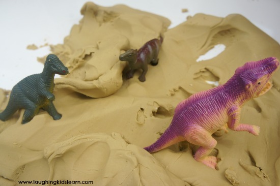 dinosaurs in playdough is great for sensory play bins and uses only 3 ingredients. 