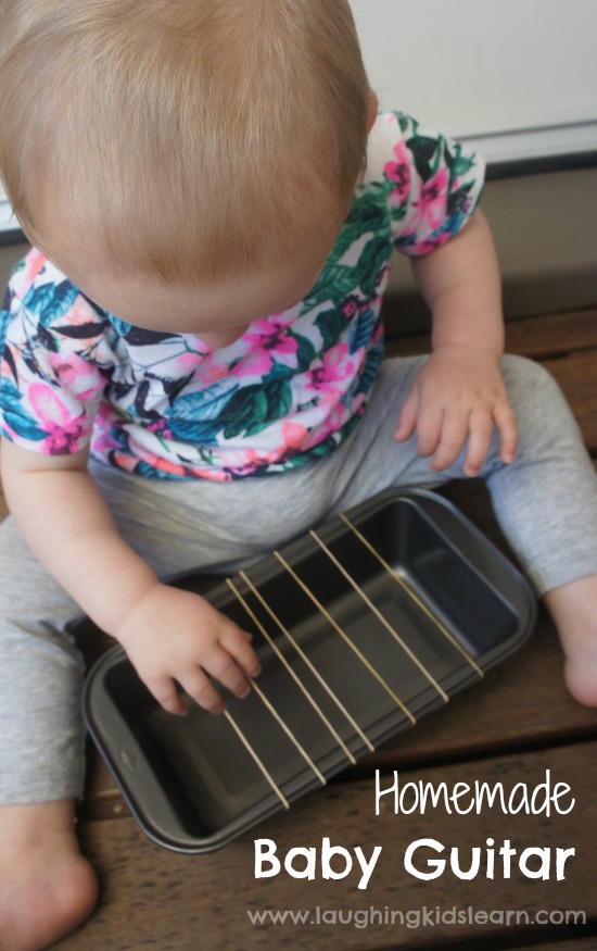 Homemade baby guitar instrument using rubber bands. Great for babies and preschool kids. 