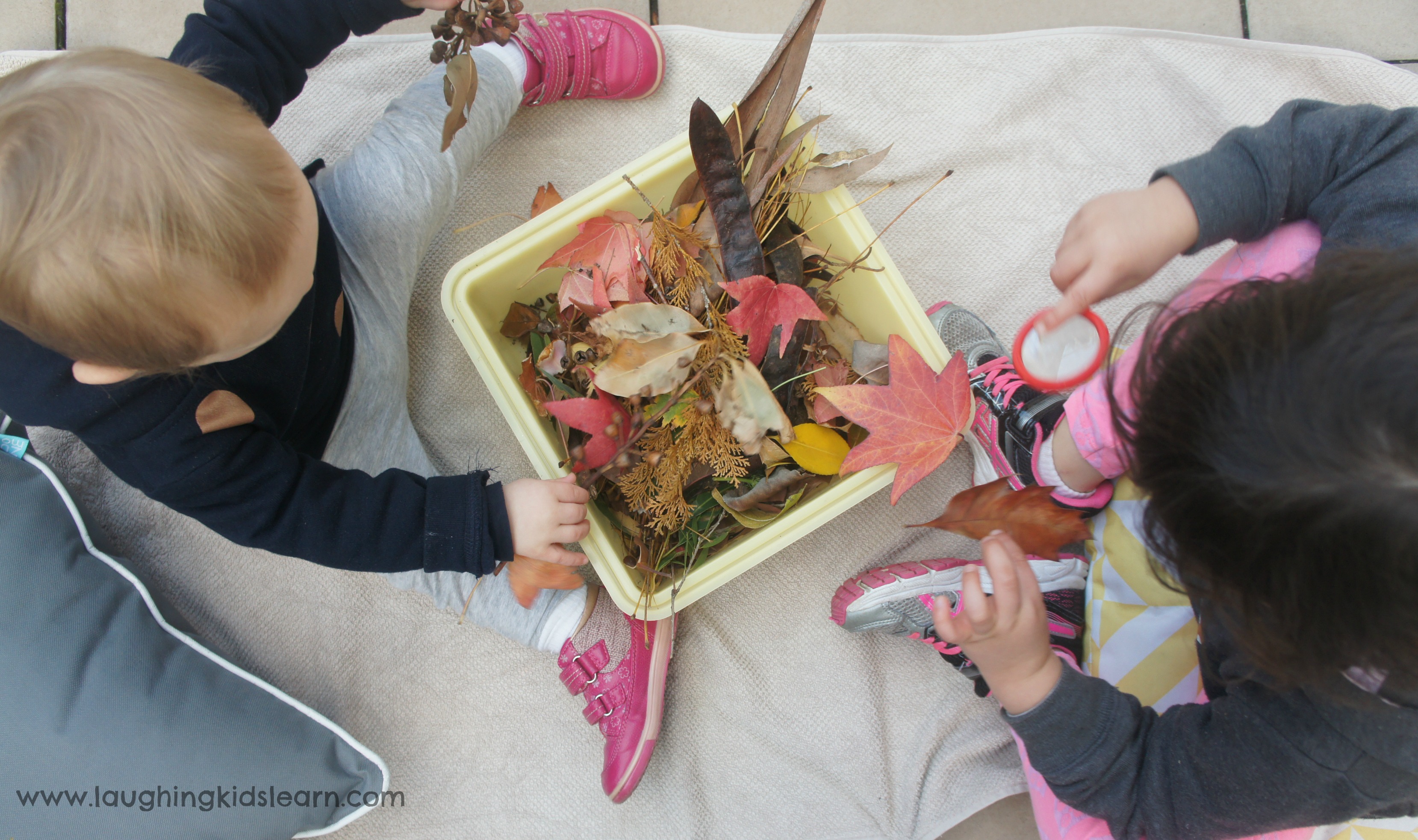 Sitting and learning about autumn with sensory bin