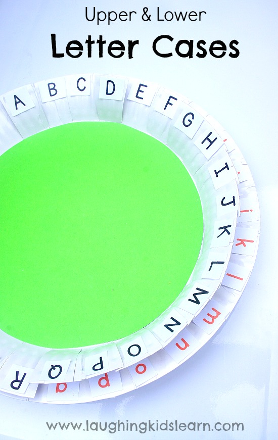 Learning upper and lower letter cases with a paper plate