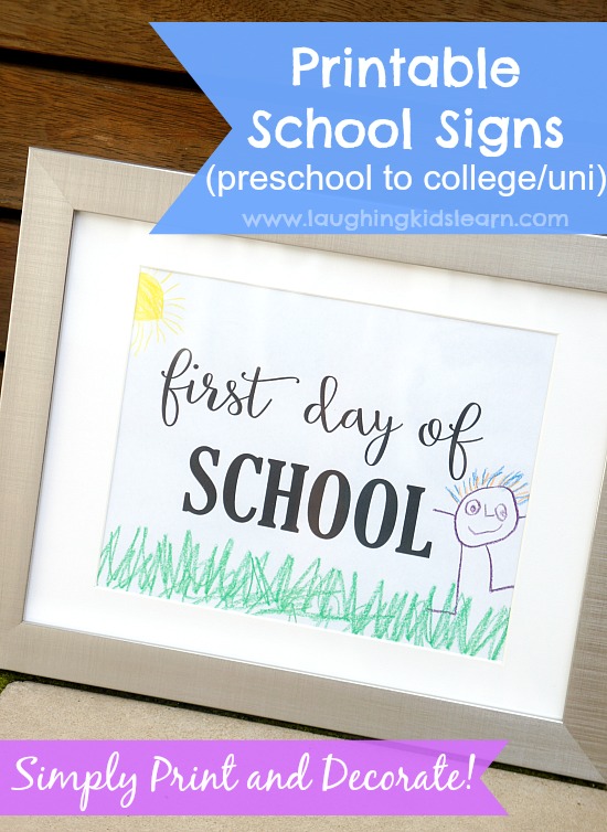 First day of school photo signs that you can print and decorate. Signs for preschool, pre-k, 1st grade through to 12th grade and college or university. 