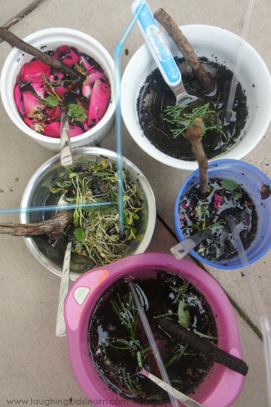 bowls of fairy mud outdoors for sensory play