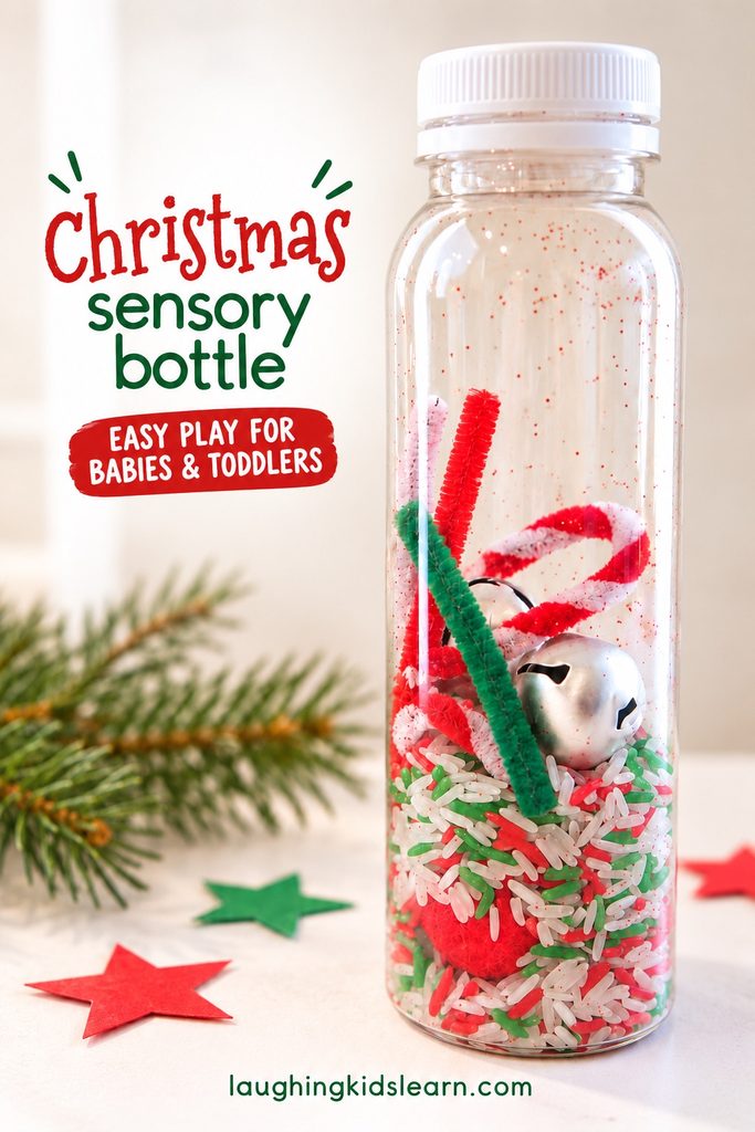 Christmas sensory bottle for babies and toddlers filled with red, green and white rice, colourful pipe cleaners and silver jingle bells.