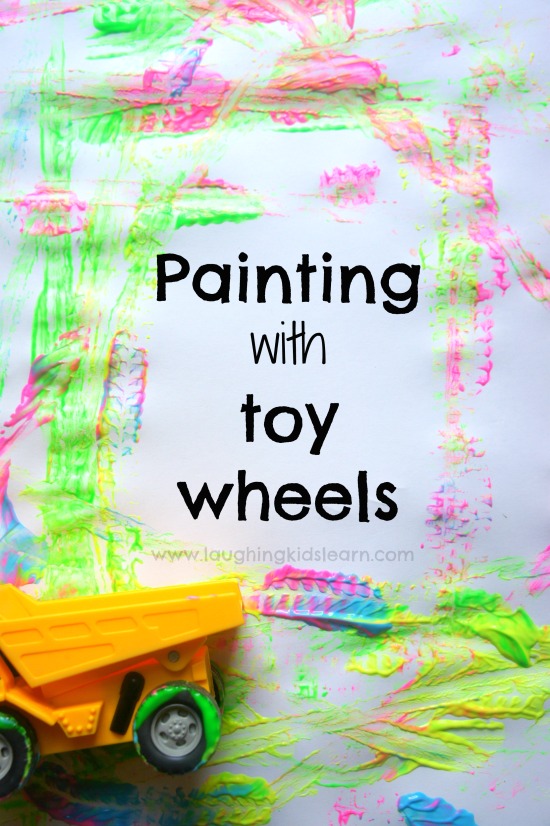 Painting with toy car and truck wheels. Fun painting activity for kids. 