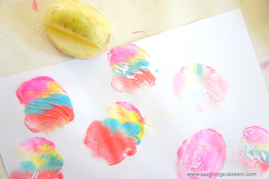 Easter potato stamping with kids is great fun for Easter or making wrapping paper