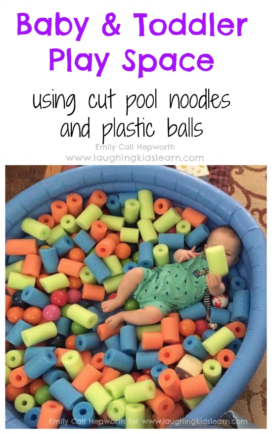 Baby and toddler play space using cut pool noodles and plastic balls