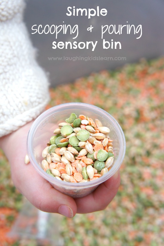 Simple pour and scoop sensory bin for kids to play and learn with