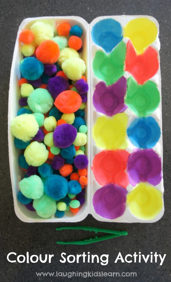 Simple fine motor and colour sorting activity using an egg carton
