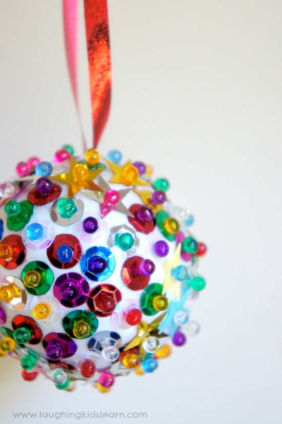 sequined baubles for Christmas made by kids