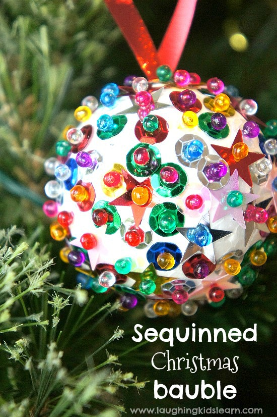 DIY sequinned Christmas bauble kids can make