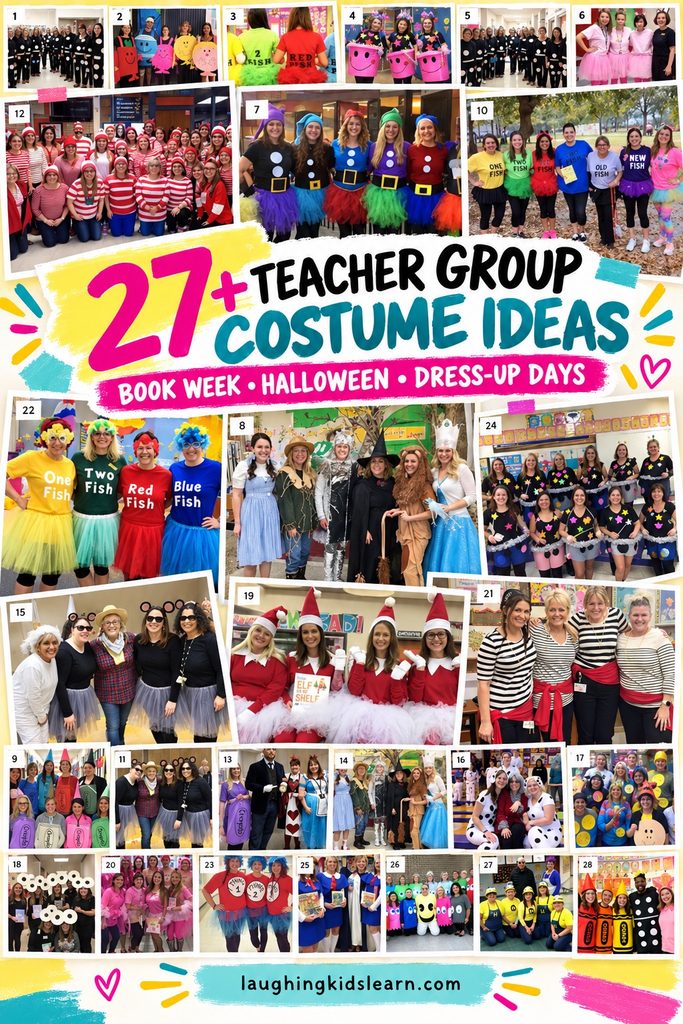 Colourful collage of teachers wearing coordinated group costumes for Book Week, Halloween and school dress-up days.