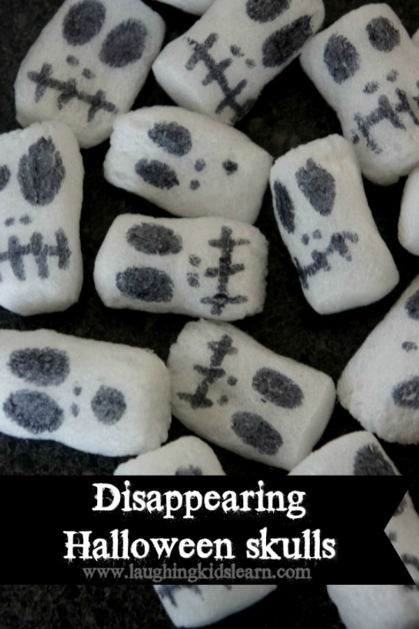 Halloween science activity for kids with disappearing skulls in water #science #halloween #kidshalloween #scienceactivity #halloweenactivities #halloweenactivity #halloweenideas #funforkids #packingpeanuts #scienceisfun #kidsscience #ilovescience #halloweenghosts #sugarskulls #halloweenskulls #disappearing #magic #sciencemagic #earlyyears #school #parenting #kidsplay #wow #scienceisfun #kidsandscience #sensory 