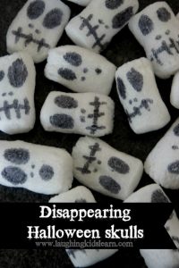 Pin Halloween science activity for kids with disappearing skulls in water
