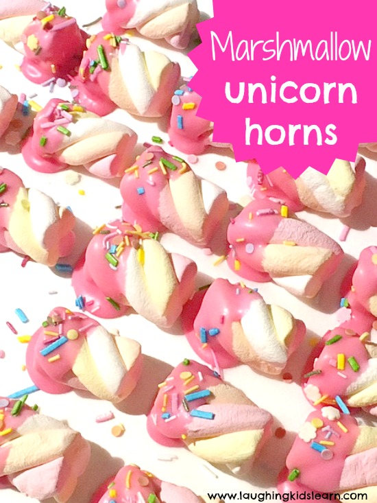 Marshmallow unicorn horn sweet treats. These are great for unicorn kids parties and to enjoy as a delicious sweet treat. 