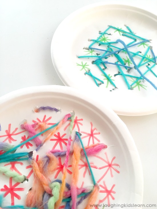 Threading yarn on a paper plate activity is great to do on school camps or at home for fine motor development. 