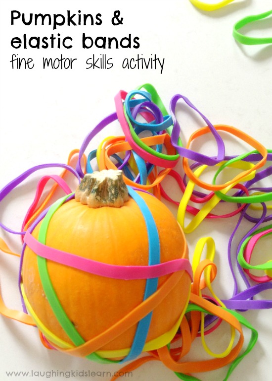 elastic bands over mini pumpkins as a Halloween activity for just a simple fine motor activity to set up at home or school. #finemotorskills #finemotor #finemotoractivities #halloween #happyhalloween #kidshalloween #halloweenactivities #halloweenplayideas #minipumpkins #elasticbands #earlyyears #funathome #homeschool #preschool #preschooler #toddlers #toddlerplayideas #simpleplayideas #easyplayideas #playmatters #kbn #ots #ot #otactivities #lovetolearn 