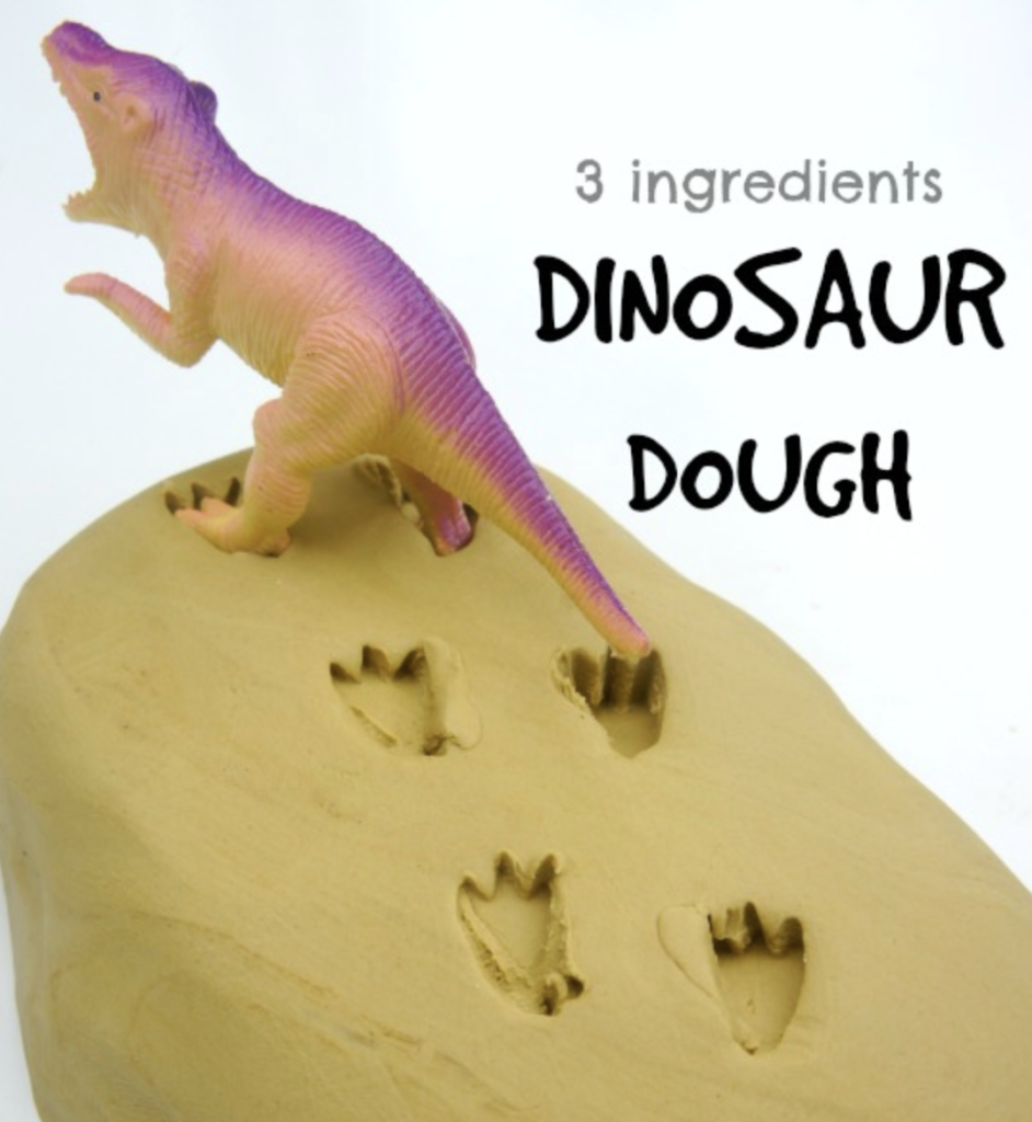 Great play dough for printing dinosaurs into and having fun. Only uses three ingredients. #dinosaurs #dinosaurdough #threeingredients 