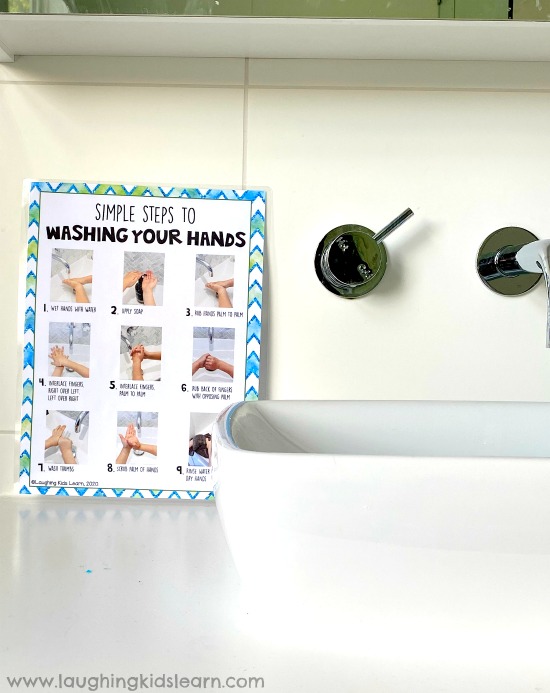 Wash your hands sign in bathroom for children to follow. #washyourhands #howtowashyourhands #preschool #kindergarten #earlyyears #backtoschool #washinghands #who #washhands #socialskills #toilettraining #pottytraining #cleanhands #germs #killgerms