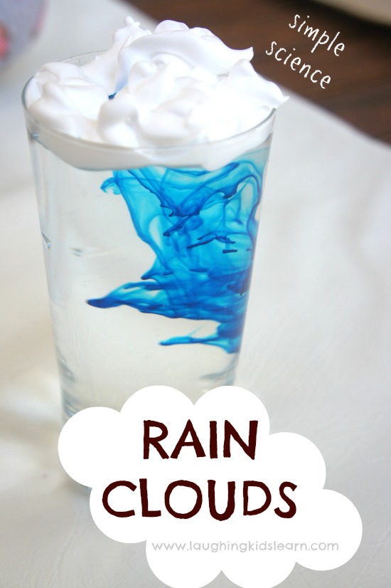 making rain cloud science activity with shaving cream, food coloring and water in a glass. 