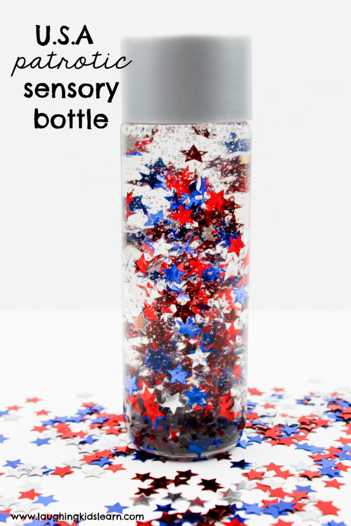 USA patriotic sensory bottle for your kids to celebrate 4th july, presidents day, memorial day and throughout the year. Great to help children self regulate, calm down and relax. #sensorybottle #sensorybottles #patriotic #4thjulycraft #4thjuly #redwhiteandblue #redwhiteblue #usacraft #usasensorybottle #godblessamerica #fourthjuly #presidentsdayactivities #memorialdayactivities #usaactivities #sensorydevelopment #calmdownbottles #calmdown #selfregulate #lovetolearn #funathome 