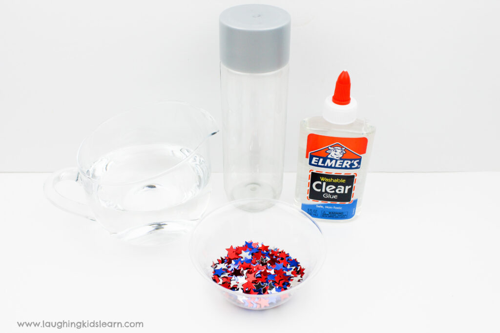 What you'll need to make patriot sensory bottle.