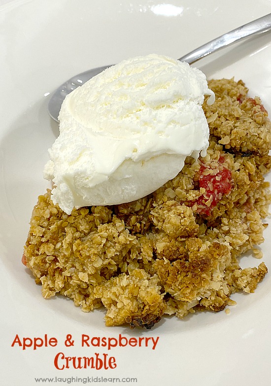 Quick and easy apple and raspberry  crumble recipe kids can make at home. Quick and easy dessert you can make with children. #applecrumble #kidscook #kidsrecipe #simplerecipeforkids #applecrumblerecipe #simpledessert #appleandraspberrycrumble #kidsinthekitchen #lovetocook #chefkids #simpledessert #familydessert #dessertrecipe #crumbledessert #quickandeasydessert #funathome #schoolholidays #holidaycooking #easyrecipe #simplerecipe #quickrecipe #lastminuterecipe #kbn 