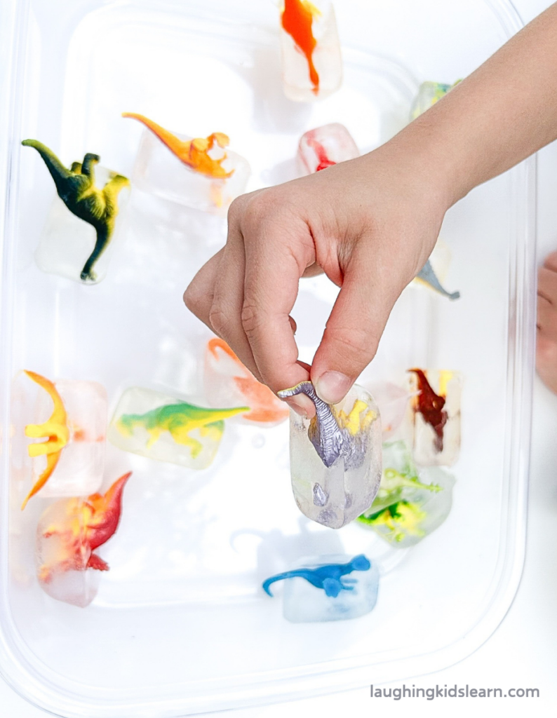 Dinosaurs in ice excavation sensory activity for kids