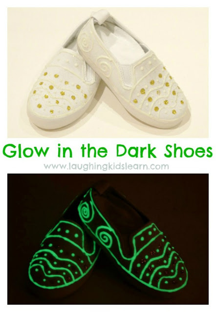 Children make glow in the dark shoes as a fun activity or great for gifts